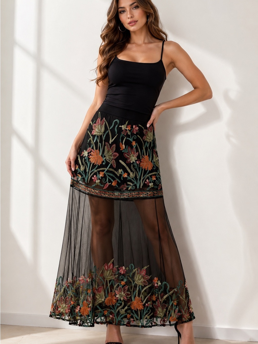 Shein Vibrant Floral Embroidered Maxi Skirt with Black Sheer Mesh Middle sz L
